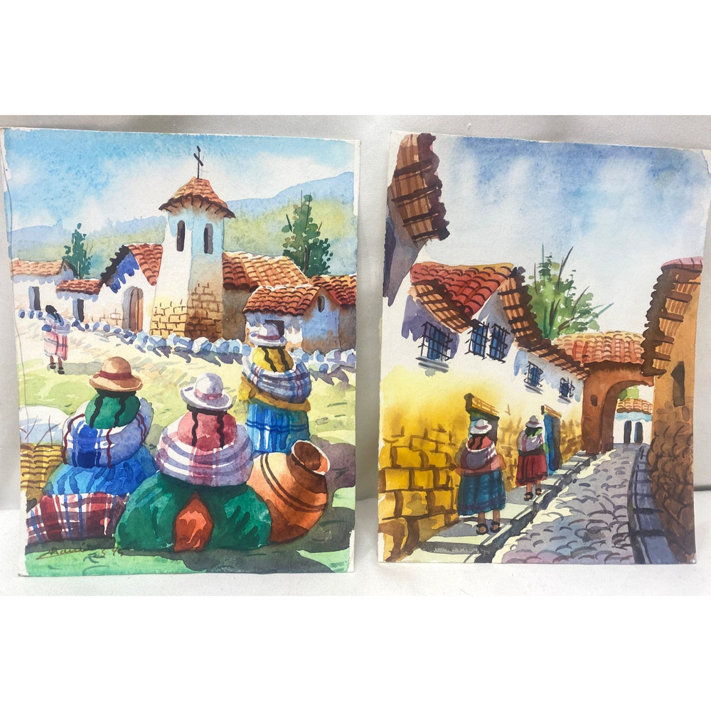 2 Vintage Original Watercolor South American Street Scenes